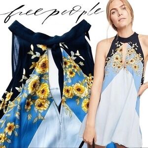 NWT Free People Beat of My Heart Tunic Tank Top Blouse Blue Sunflowers Floral S